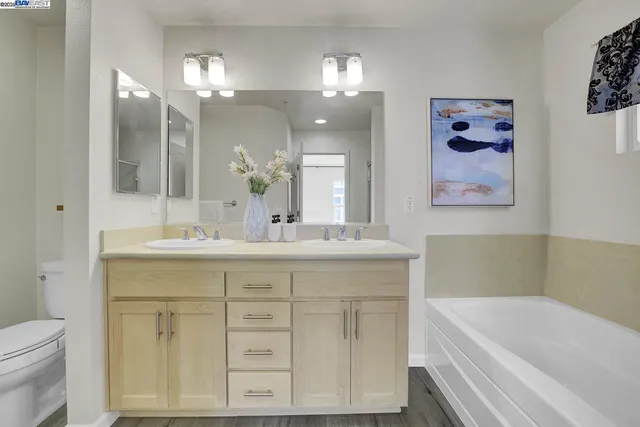 a bathroom with a bathtub a sink and a mirror