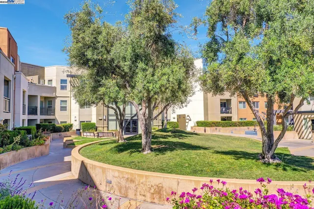 a view of a blue building with many windows
