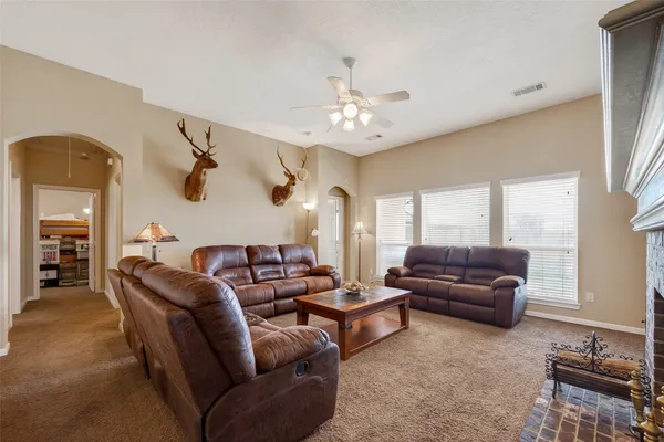 a view of a dining room with furniture