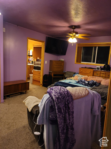 97 East Main Street Stockton, UT 84071 - Photo 46 of 58 Bedroom with light carpet, connected bathroom, and ceiling fan