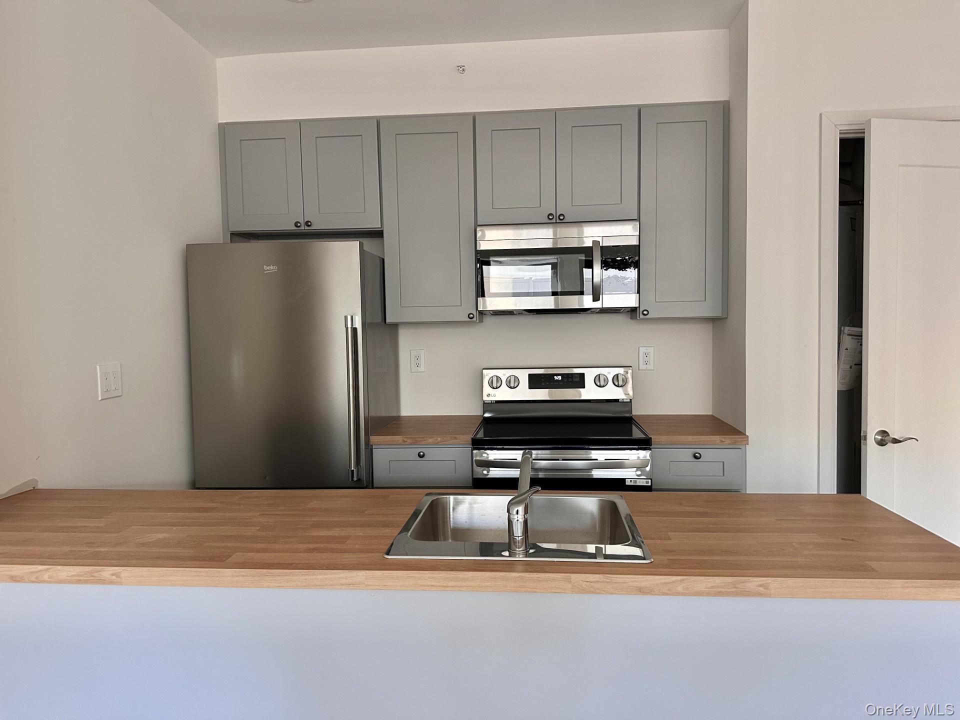 362 West Merrick Road, Unit 106 Valley Stream, NY 11580 - Photo 2 of 6 Kitchen with gray cabinetry, stainless steel appliances, and butcher block counters