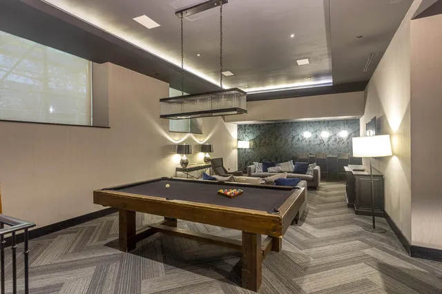 a view of a dining room with furniture