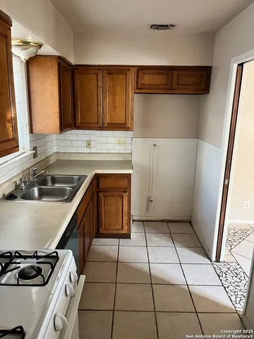 a kitchen with a sink a stove and cabinets