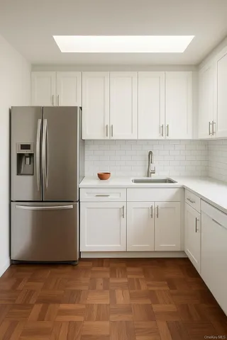 a kitchen with a refrigerator sink and cabinets