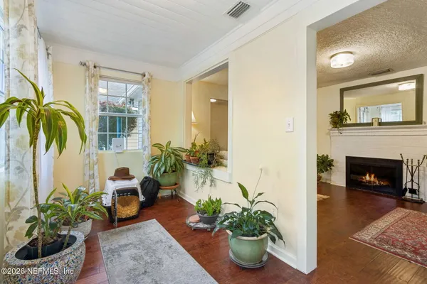 a living room with furniture and a potted plant