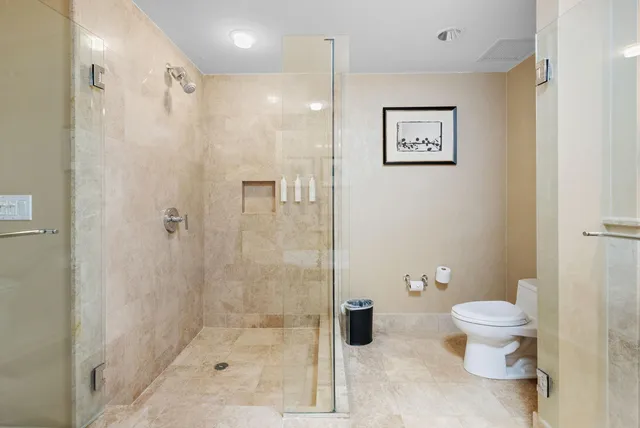 a bathroom with a toilet and a shower