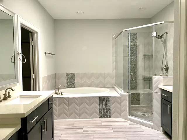 a bathroom with a tub shower vanity and a sink