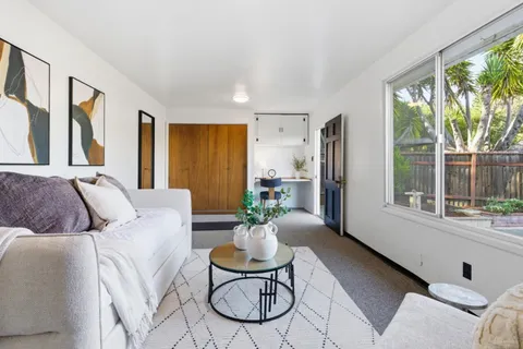 a living room with furniture potted plant and a large window