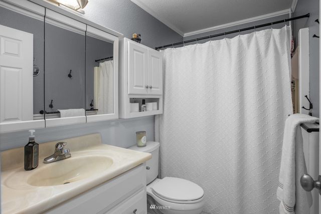 a bathroom with a sink a toilet a mirror and shower curtain