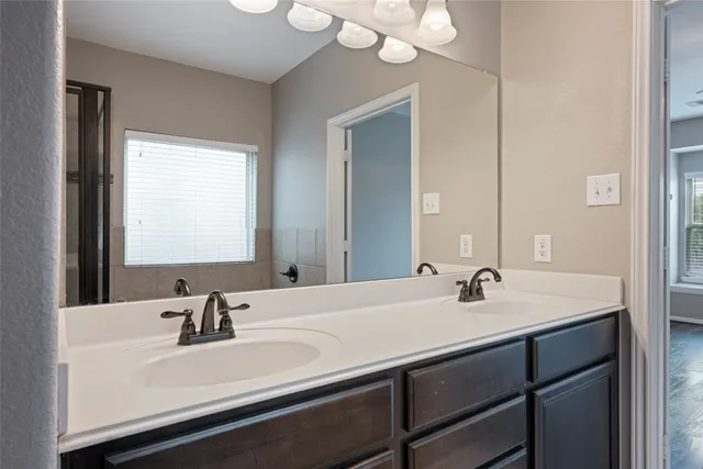 a bathroom with a sink and a mirror