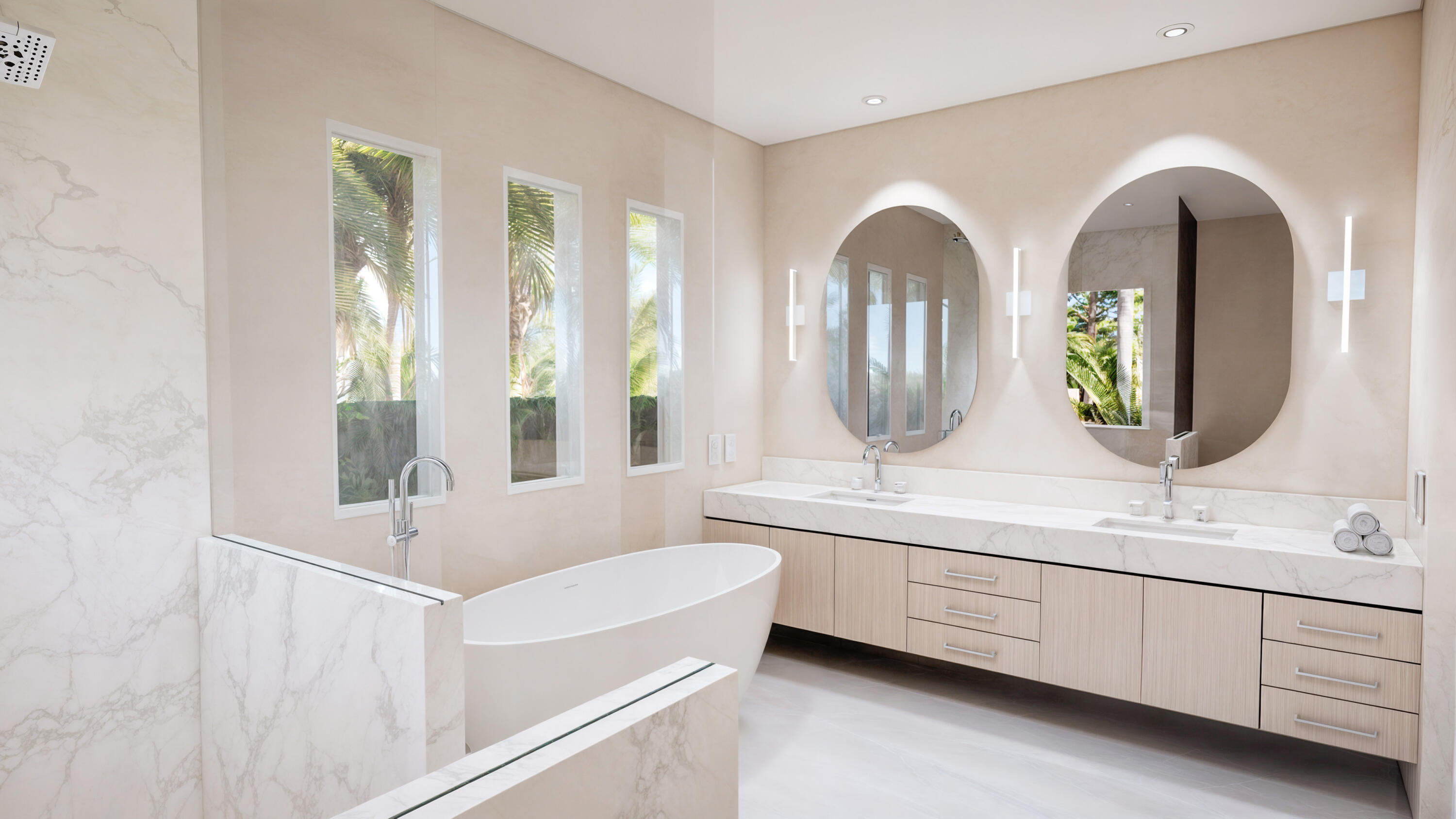 4594 133rd Road South, Unit AMALFI Delray Beach, FL 33445 - Photo 7 of 17 a bathroom with a double vanity sink a two mirror a bathtub next to a window