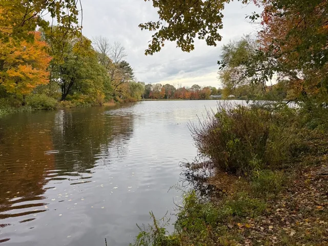 a view of a lake with houses in the back