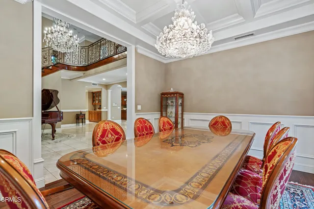 a view of a dining room with furniture