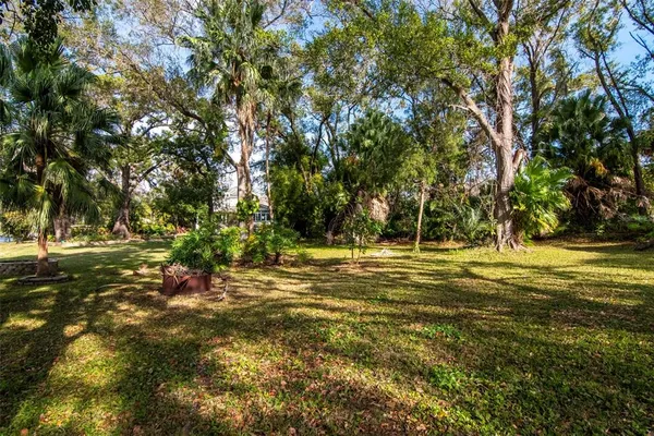 a view of a fountain with tree s