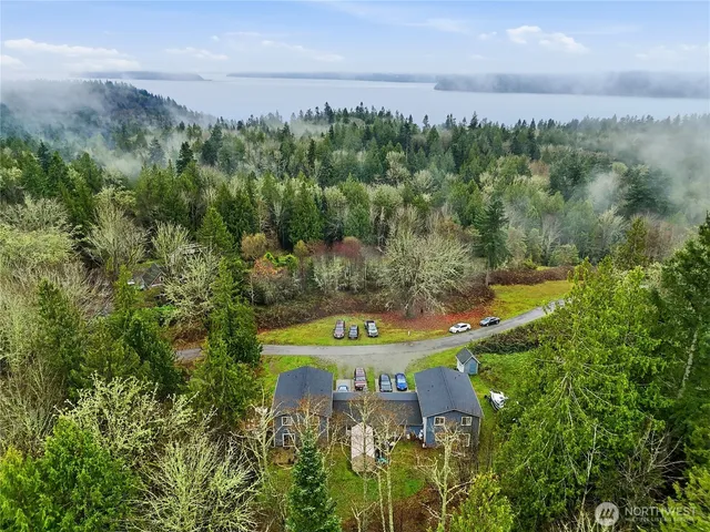 an aerial view of a residential houses with outdoor space and trees