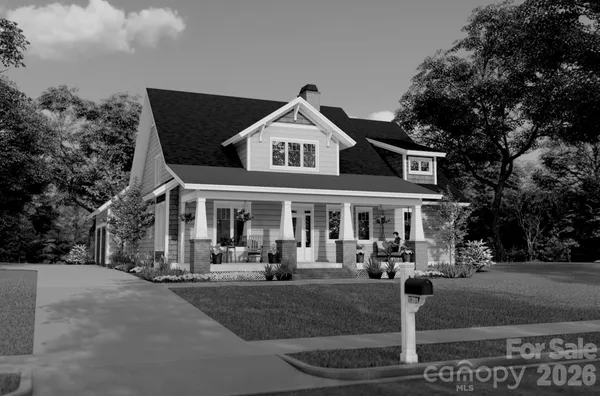 a view of a big house with large trees and plants