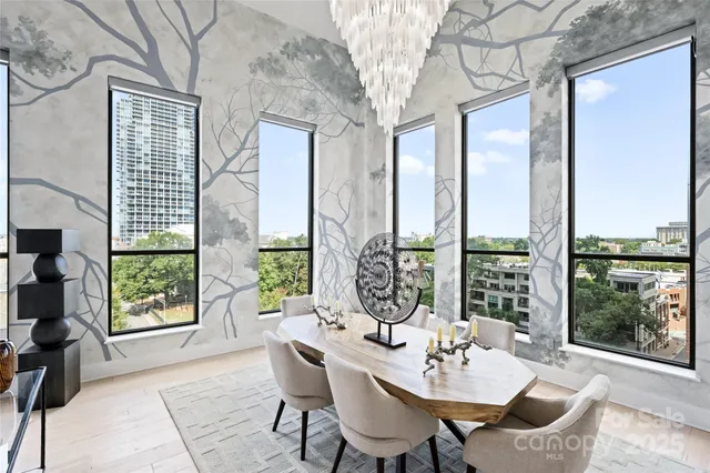 a dining room with furniture and window