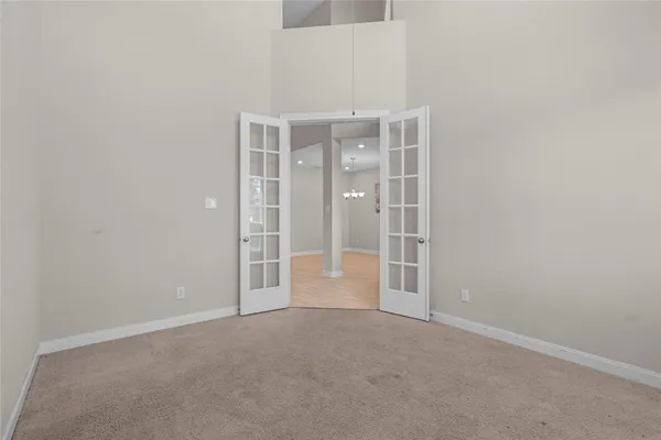 a view of a chandelier in a room