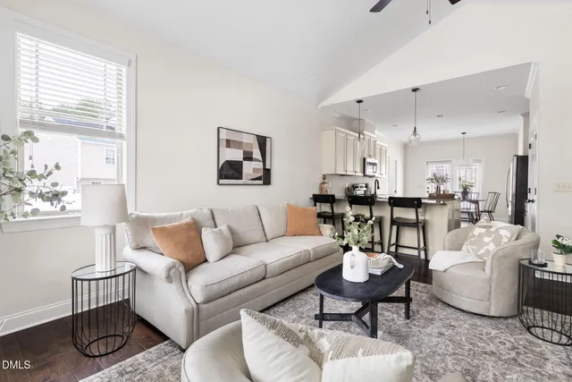 a living room with furniture potted plant and a window
