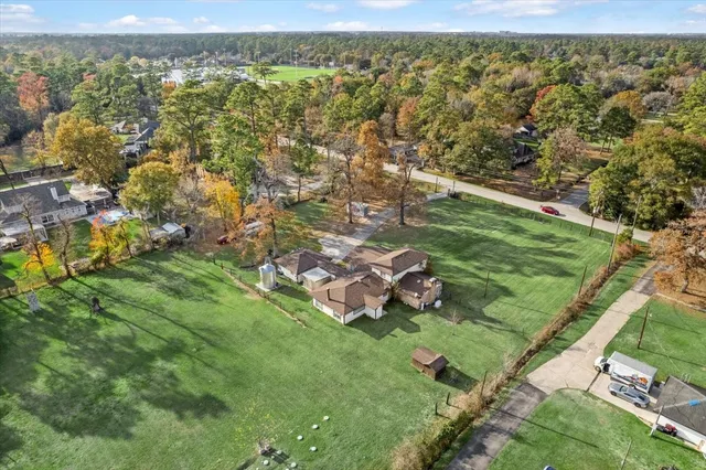 an aerial view of a house with garden