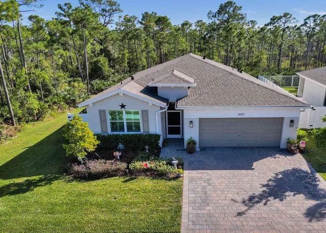 a aerial view of a house with a yard and potted plants