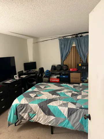 a bedroom with a bed and a television