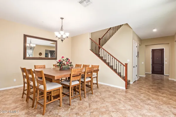 a view of a dining room with furniture