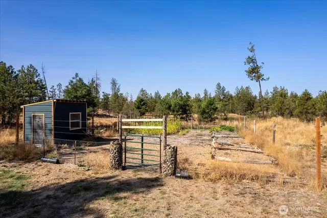 a view of a backyard with wooden fence