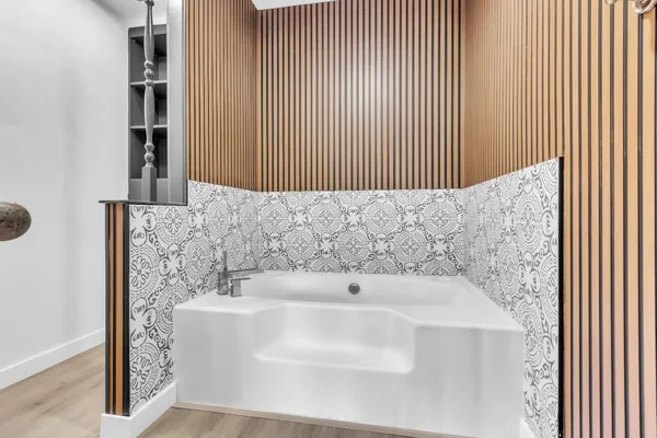 a bathroom with a bathtub