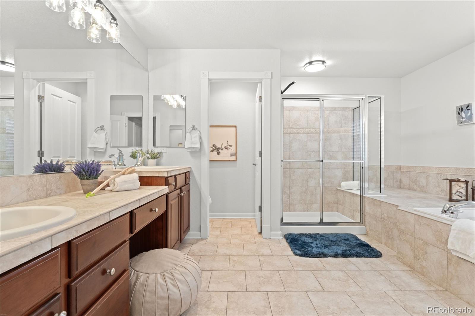 10683 Amesbury Way Highlands Ranch, CO 80126 - Photo 26 of 44 a spacious bathroom with a sink a toilet a mirror and shower