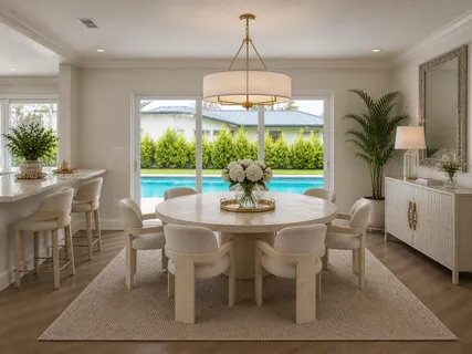 a dining room with furniture potted plants and wooden floor