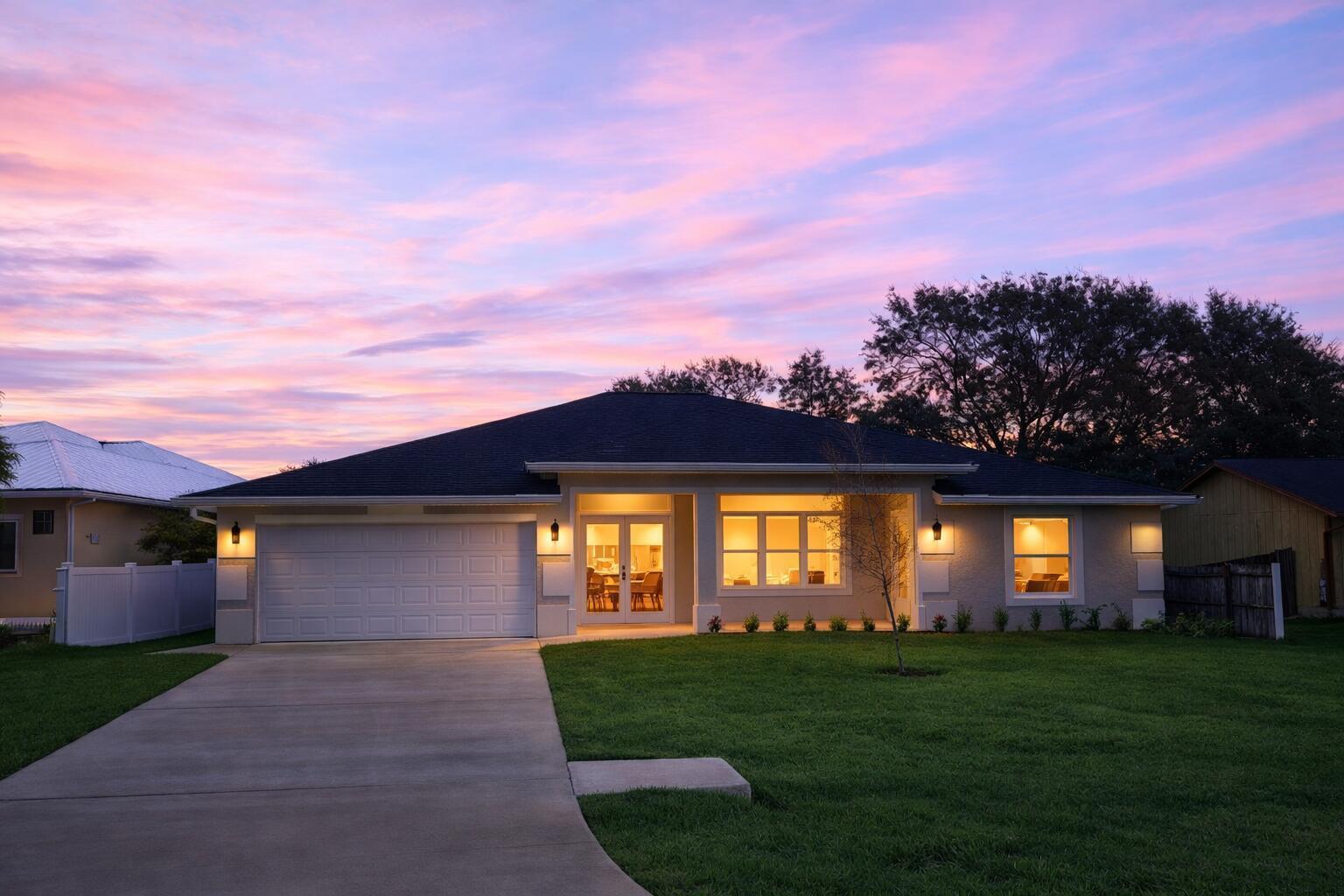 a front view of a house with a garden