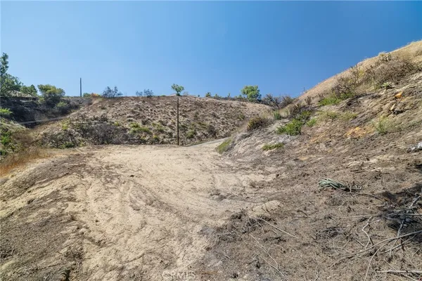a view of a dry field with trees in the background