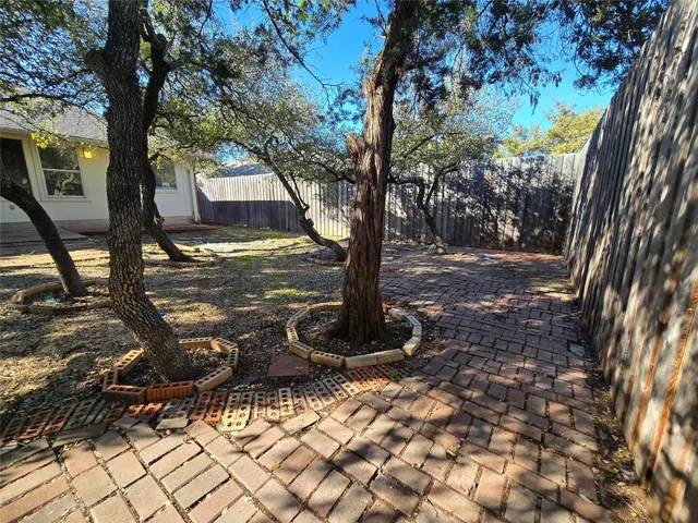 a view of a yard with plants and trees