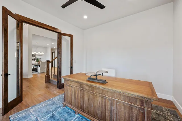 a view of a garden with plants and large trees