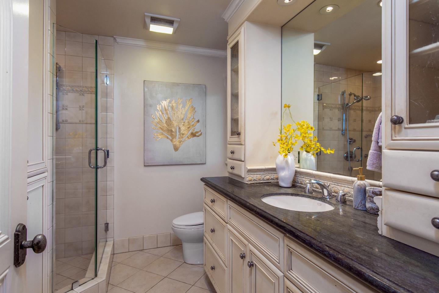 240 Laning Drive Woodside, CA 94062 - Photo 19 of 35 a bathroom with a granite countertop sink toilet and shower
