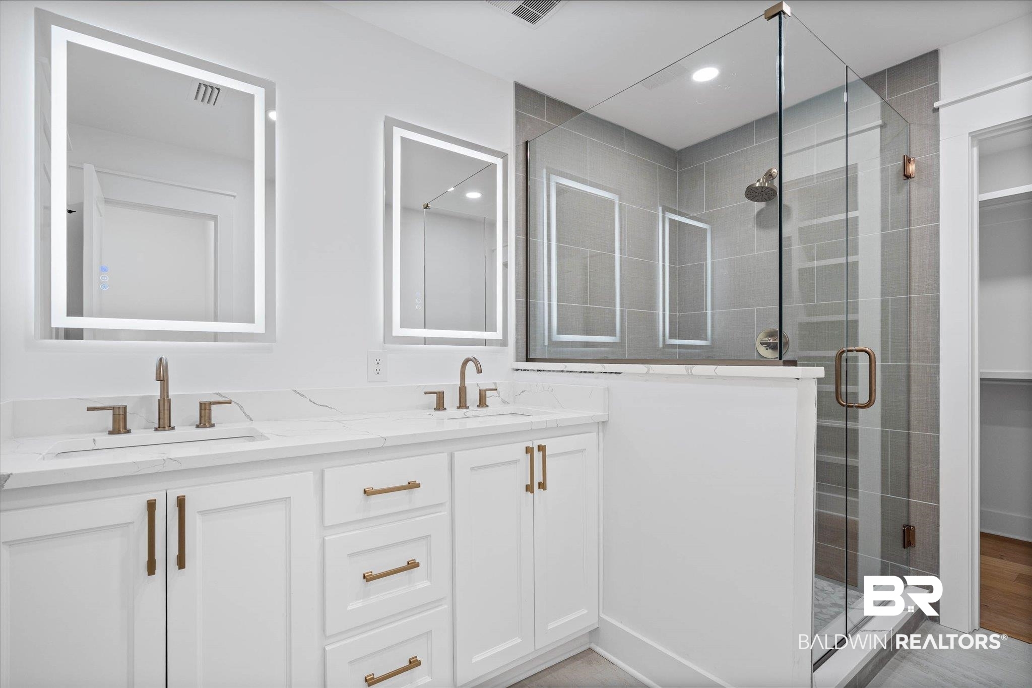 11 Schwaemmle Drive Mobile, AL 36608 - Photo 14 of 32 Full bathroom with double vanity, a shower stall, and recessed lighting