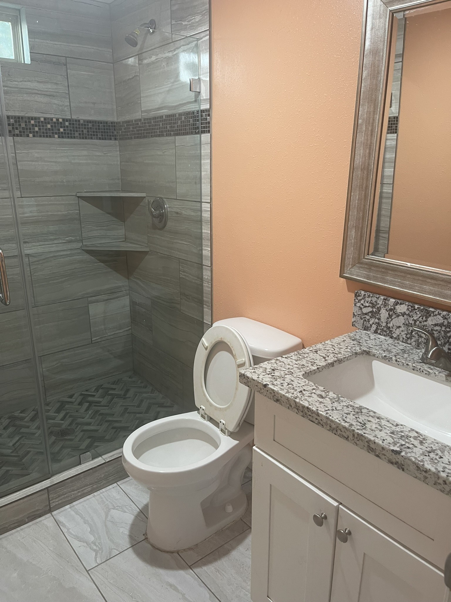 5829 Hartwick Road Houston, TX 77016 - Photo 43 of 47 a bathroom with a granite countertop sink a toilet and a shower