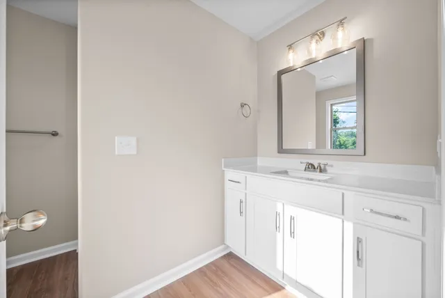 a bathroom with a sink and a mirror