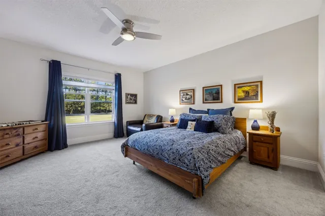 a bedroom with a bed and a chandelier fan