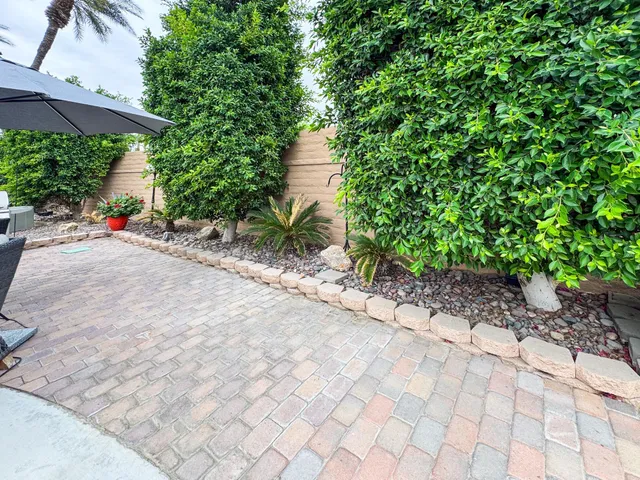 a backyard of a house with plants and trees