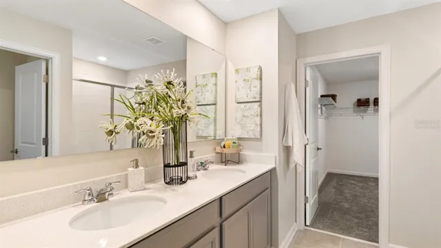 a bathroom with a sink double vanity and a mirror