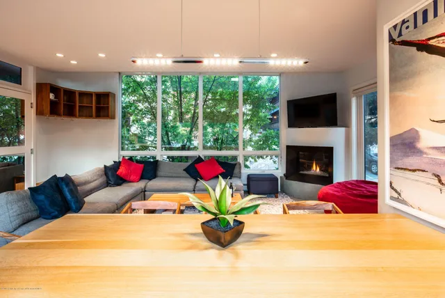 a living room with furniture a fireplace and a floor to ceiling window