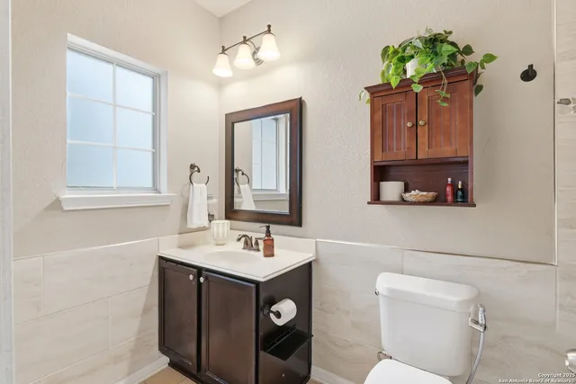 a bathroom with a toilet a sink and mirror