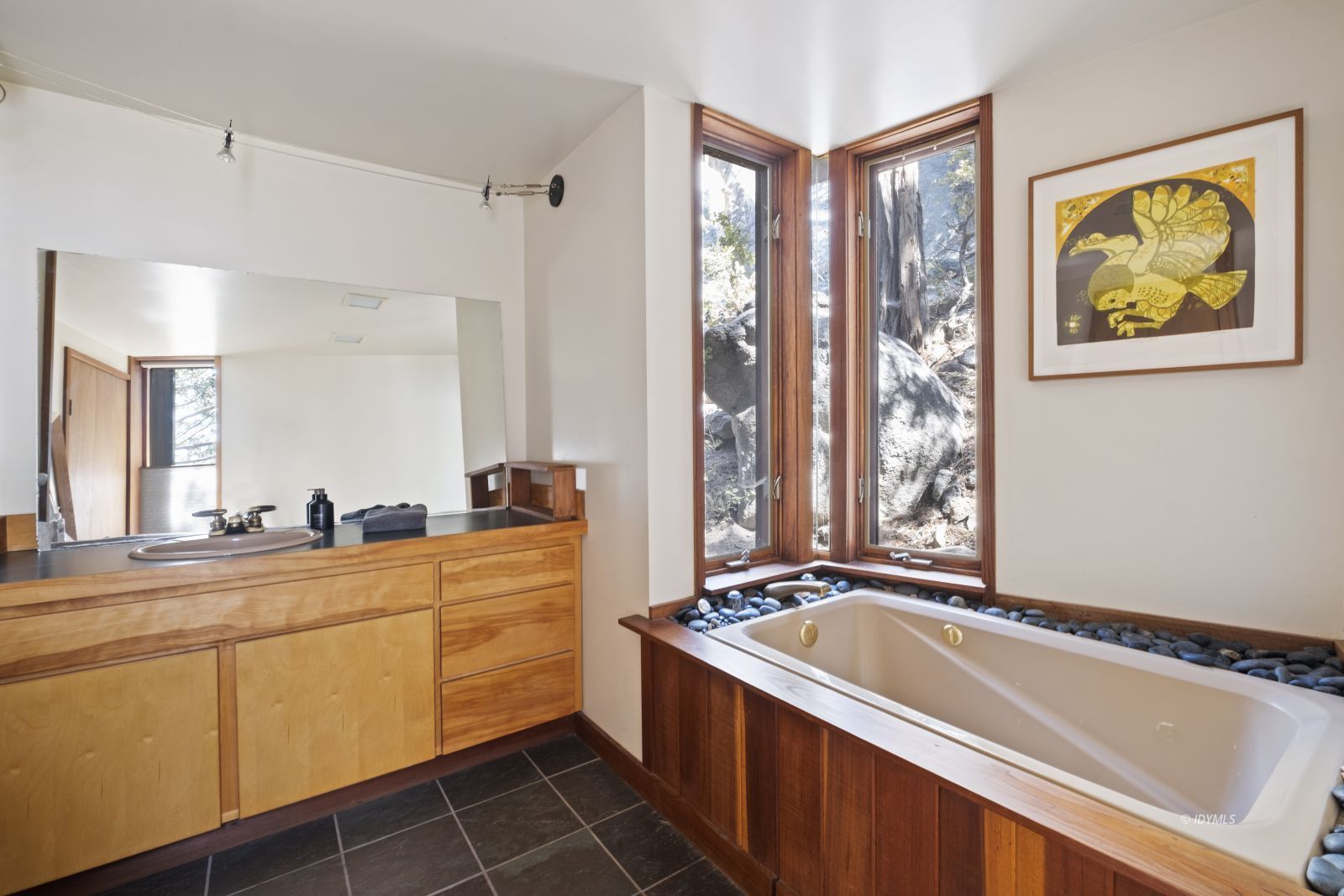 55526 Howland Road Idyllwild, CA 92549 - Photo 13 of 22 a spacious bathroom with a granite countertop sink mirror and a bathtub