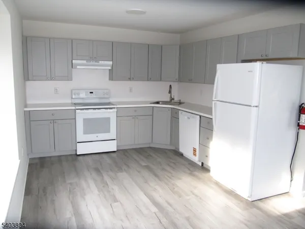 a kitchen with a sink a refrigerator and white cabinets