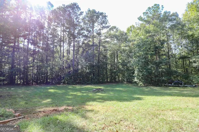 a view of a house with backyard and trees