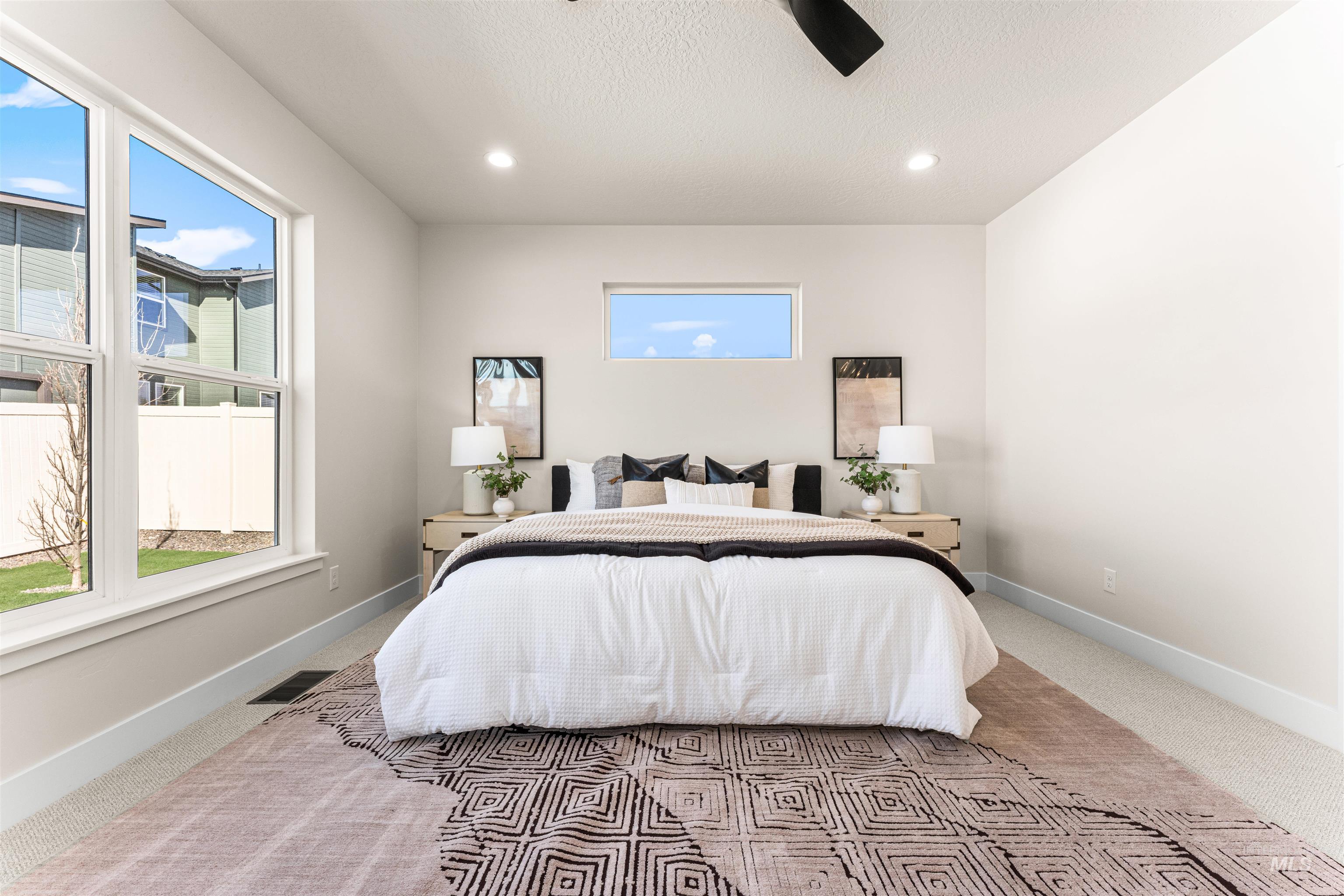 2787 West Warlander Street Meridian, ID 83642 - Photo 15 of 34 Bedroom featuring carpet floors, a ceiling fan, recessed lighting, and a textured ceiling