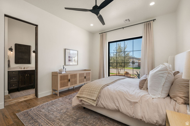 4871 South Homestead Way Washington, UT 84780 - Photo 63 of 151 Bedroom featuring recessed lighting, dark wood-type flooring, ceiling fan, and connected bathroom