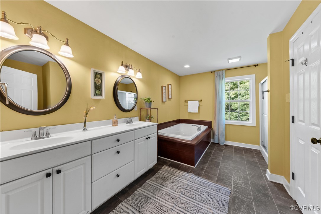 201 School Road Dillwyn, VA 23936 - Photo 25 of 48 a bathroom with a granite countertop double vanity sink and a mirror